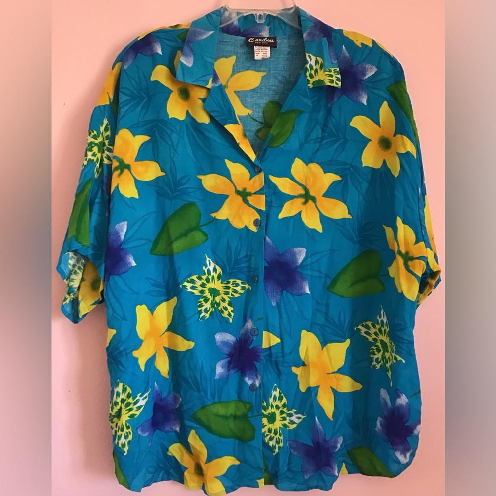 Vintage Caribou Tropical button down rayon blouse size 2X
